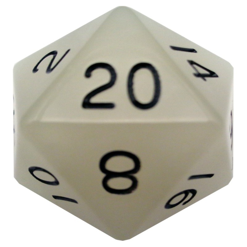 35mm Mega Acrylic D20 - Glow in the Dark - Clear with Black Numbers