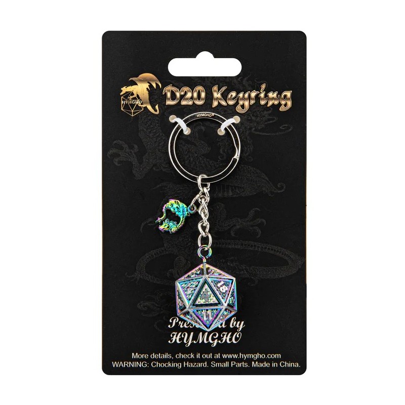 D20 keychain with HYMGHO Dragon Charm - Behemoth Brushed Rainbow