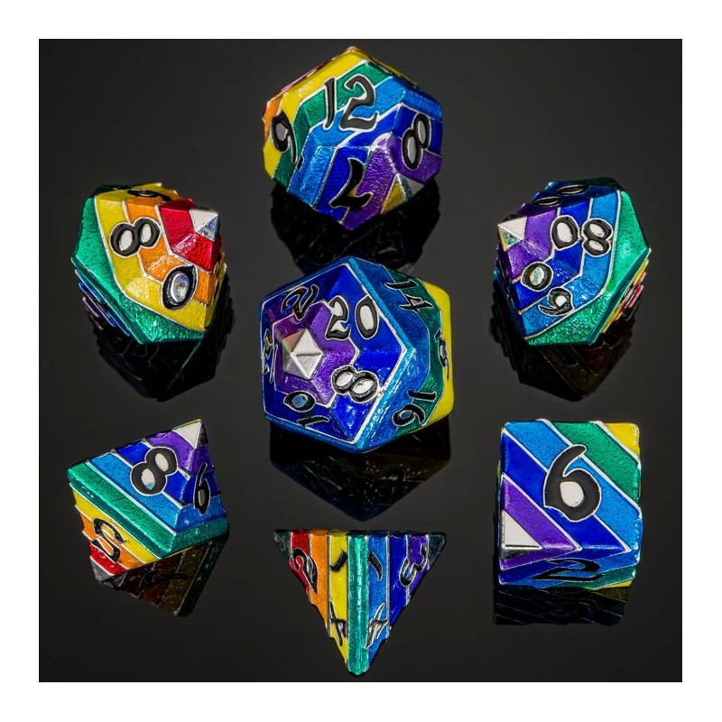 Pride Rainbow Metal Dice Set - Silver with Black Numbers