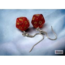 Hook Earrings - Glitter Ruby/Gold - Mini Poly d20 Pair