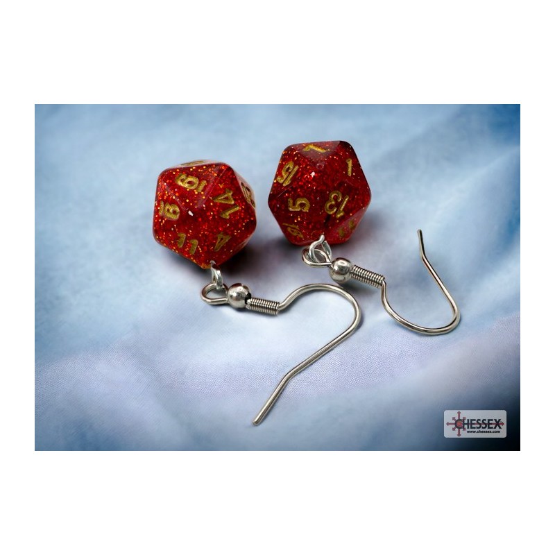 Hook Earrings - Glitter Ruby/Gold - Mini Poly d20 Pair