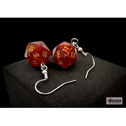 Hook Earrings - Glitter Ruby/Gold - Mini Poly d20 Pair