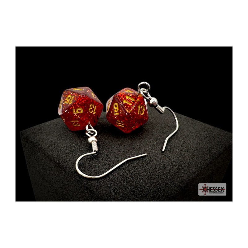 Hook Earrings - Glitter Ruby/Gold - Mini Poly d20 Pair
