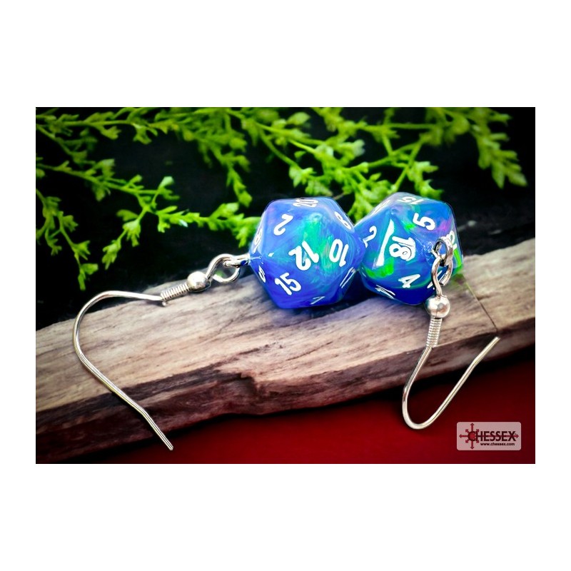 Hook Earrings - Festive Waterlily /white - Mini Poly d20 Pair