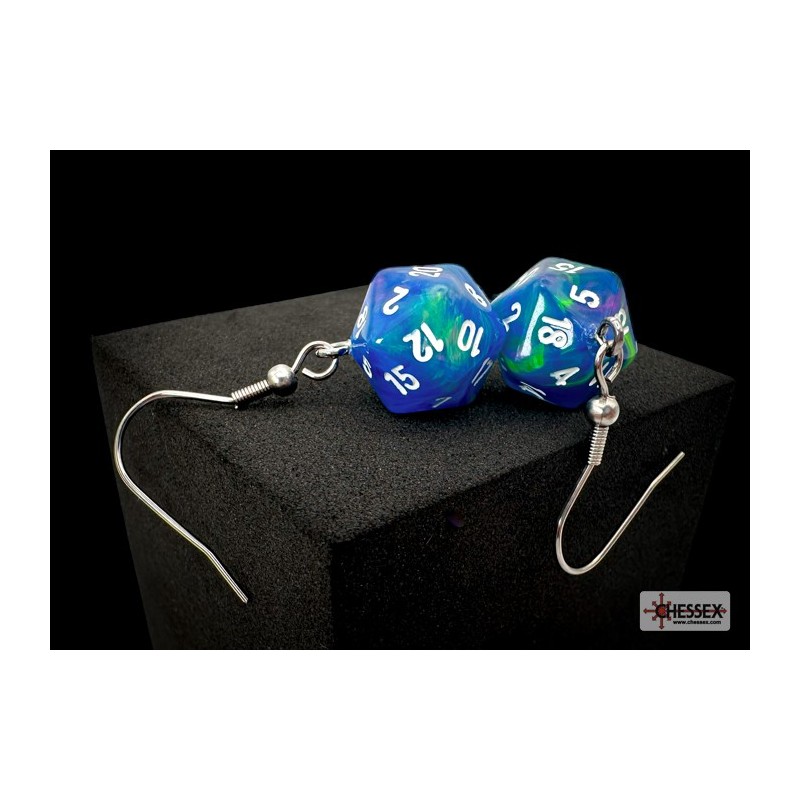 Hook Earrings - Festive Waterlily /white - Mini Poly d20 Pair