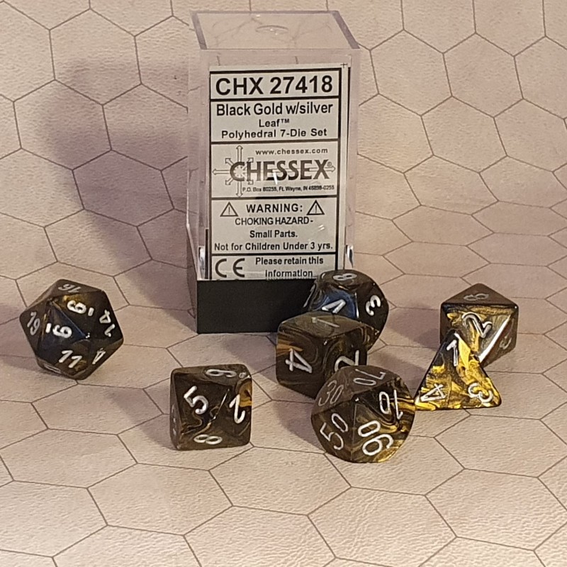 CHX27418 RPG Dice Sets Black-Gold/Silver Leaf Polyhedral 7-Die Set